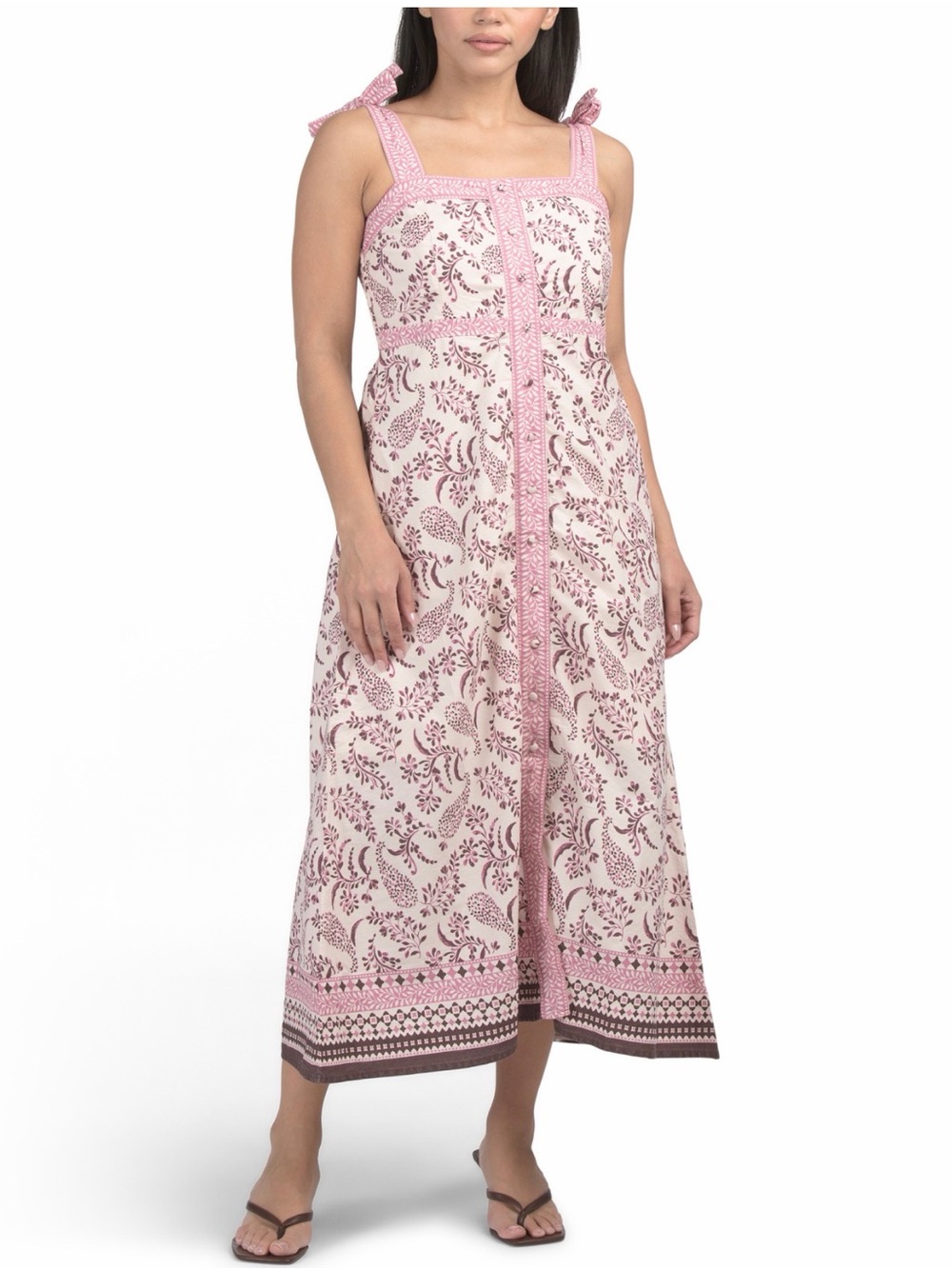 LÉA Pink Paisley Block Print Tie Shoulder Maxi Dress Size L -C-